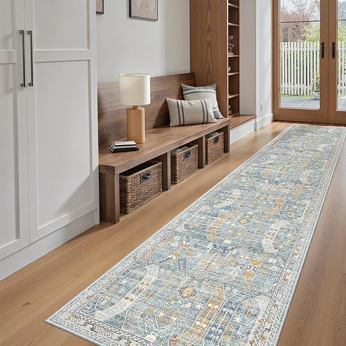 Madane Runner Rugs for Hallway 2x10 Long Washable Non-Slip Hallway Runner Rug Low-Pile Stair Kitchen Runner Soft Throw Carpet for Entrance Living Dining Laundry Room (Blue/Gold, 2 x 10)