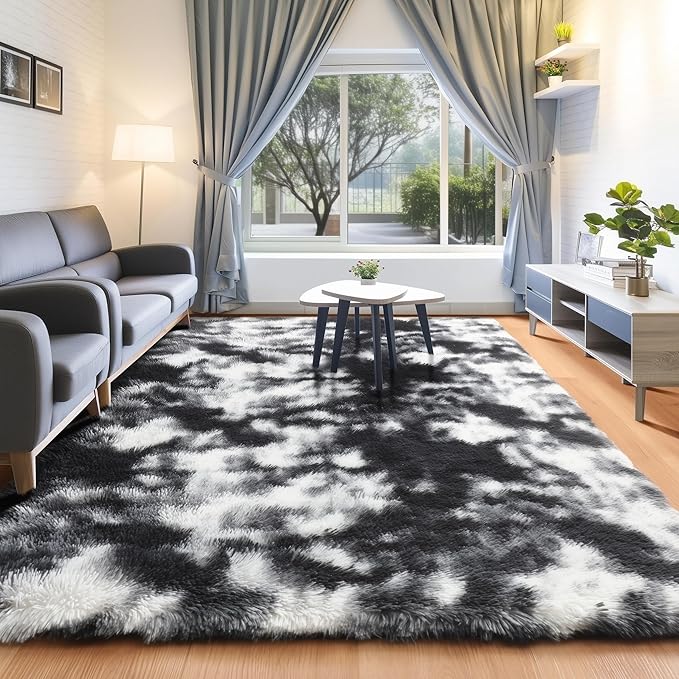 ONASAR Black and White Rugs for Bedroom Living Room, Fluffy 4x6 Indoor Bedside Floor Throw Area Rug, Soft Plush Shaggy Carpet for Nursery Kids Girls Boys Teen Dorm Home Decor Aesthetic