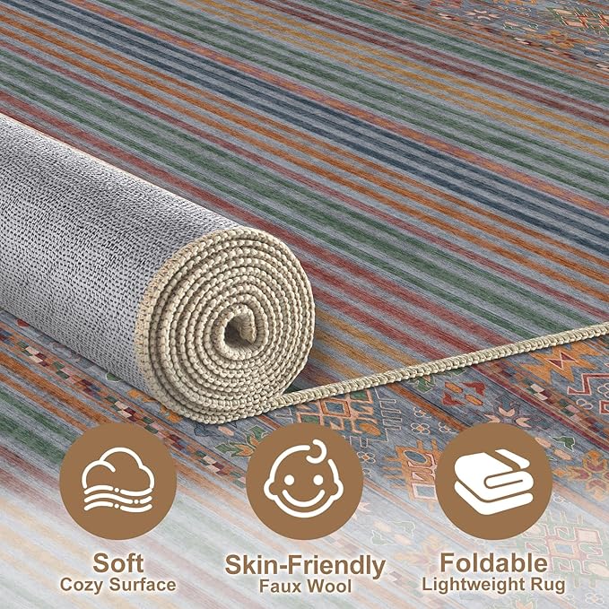 Nakagishi 7X9 Area Rugs Living Room: Washable Large Vintage Rug Neutral Non-Slip Soft Stain Resistant Indoor Carpet for Bedroom Nursery Dining Room Office Playroom - Multi Color