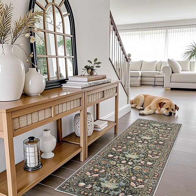 2x6 Washable Hallway Runner Rug: Vintage Floral Kitchen Rugs with Non-Slip Backing Low Pile Water Resistant Carpet for Living Room Bedroom Soft Floor Mat for Bathroom Laudry Dining Room(2x6,Green)