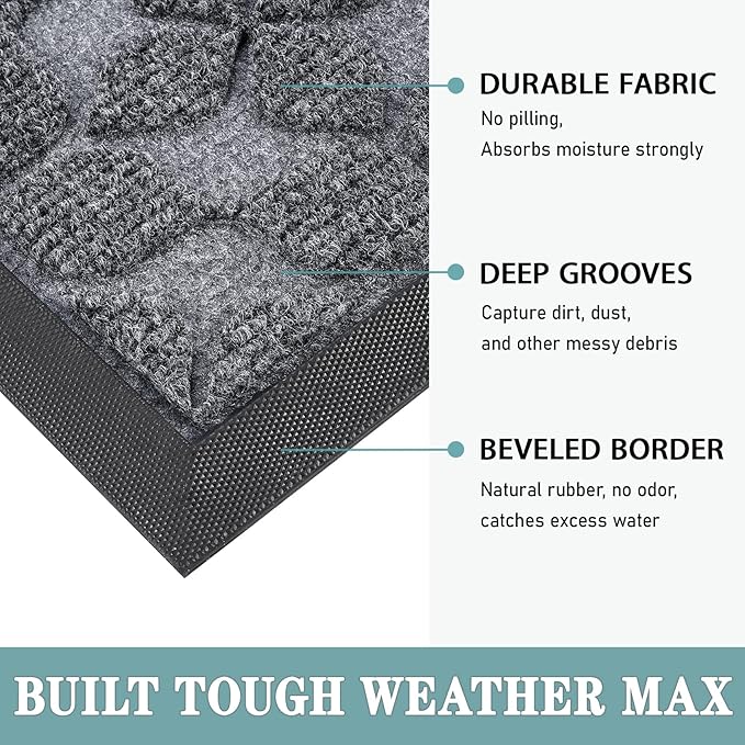 Bulijojo Sturdy Front Entrance Doormats,Durable Heavy Duty Welcome Mat,Thick Absorbent Natural Rubber Non Slip Mat,Easy Clean Entryway Mat Geometric Grey 23"x35"