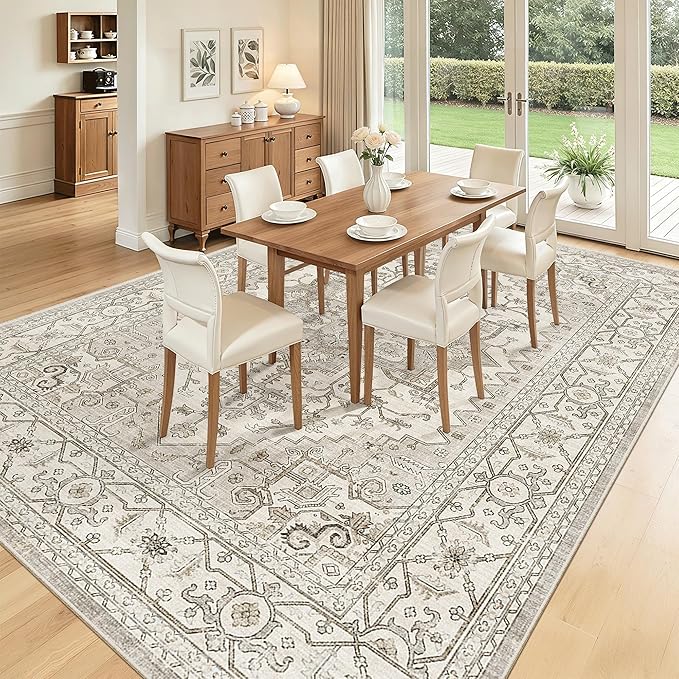 Madane Washable Rug 8x10 Area Rugs for Living Room, Ultra-Thin Non-Slip Backing Rug, Stain Resistant Vintage Large Area Rug for Bedroom (Beige/Brown, 8'x10')