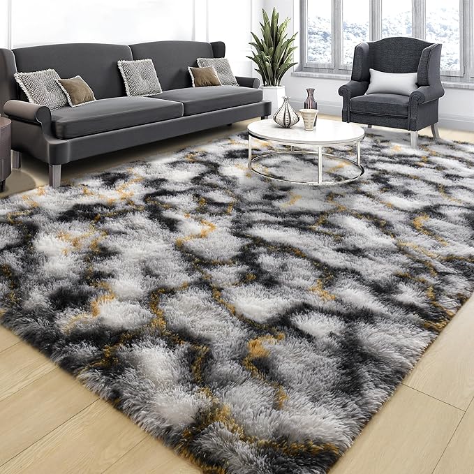 Tepook Soft Fluffy Rugs for Bedroom, 4x6 Area Rug for Living Room, Modern Shaggy Room Rug for Kids Boys Girls, Plush Throw Rugs Indoor Nursery Home Decor Rug with Non-Slip Bottom, White Black Gold