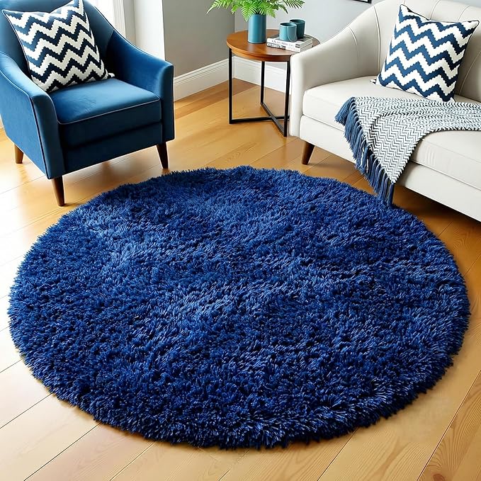 Amdrebio Navy Blue Round Rug 4Ft for Boys Room Bedroom, Circle Area Rugs for Kids Room, Living Room Decor Aesthetic, Fluffy Shag Fur Throw Royal Dark Blue Carpet for Preppy Dorm Playroom Baby Nursery
