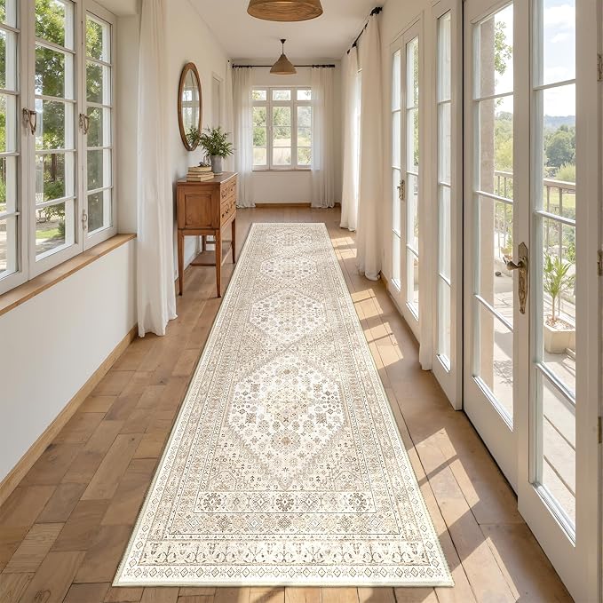 Runner Rug 2x10, Ultra-Thin Kitchen Rugs Non Slip Washable Rugs for Entryway Rug, Kitchen Runner Low Pile Vintage Soft Carpets for Living Room, Bathroom Bedroom (Cream/Beige,2'x10')