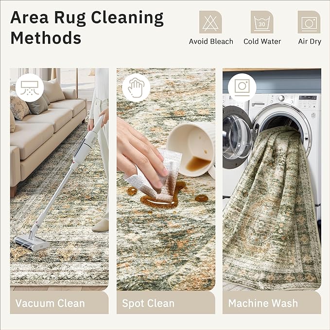 Soalmost Washable Area Rug 8x10, Large Soft Rugs for Living Room Vintage 8x10 Area Rugs for Bedroom Dining Room Non-Slip Stain Resistant Under Table Green Orange Rug