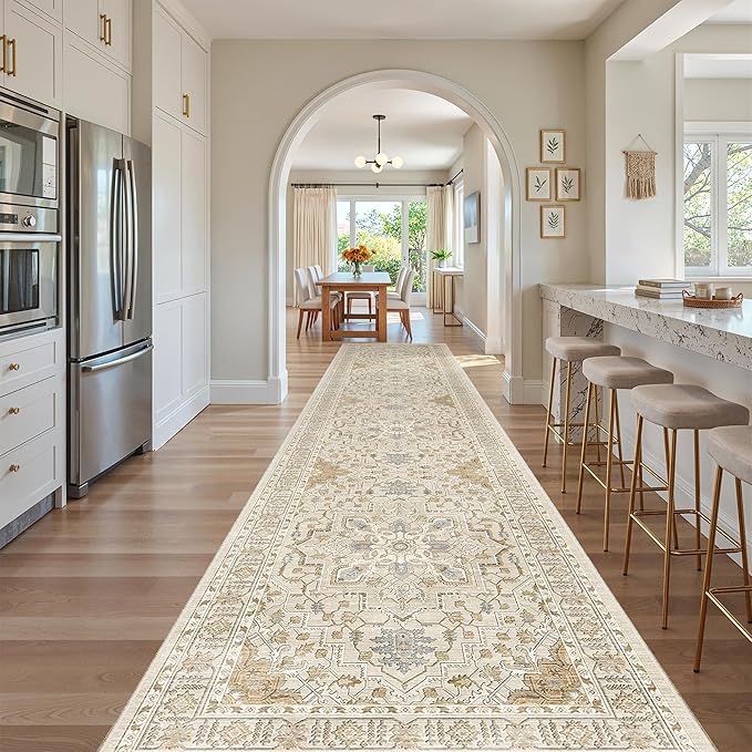 Madane Hallway Runner Rug 3x16 - Vintage Non Slip Washable 16ft Kitchen Runner for Entrance Soft Long Carpet Runners for Living Room Bathroom Low Pile Floor Mat for Bedroom Dining Room, Beige/Blue