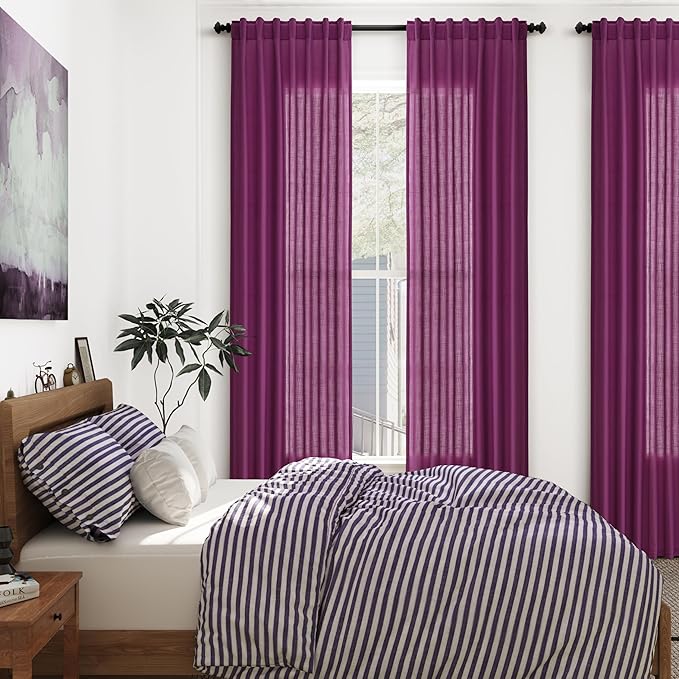 Nanspring Grape Purple Linen Curtains 96 Inch Long 2 Panels Set for Bedroom Living Room Linen Textured Window Drapes Semi Sheer Light Filtering Rod Pocket Back Tab Modern Farmhouse Curtain 52x96