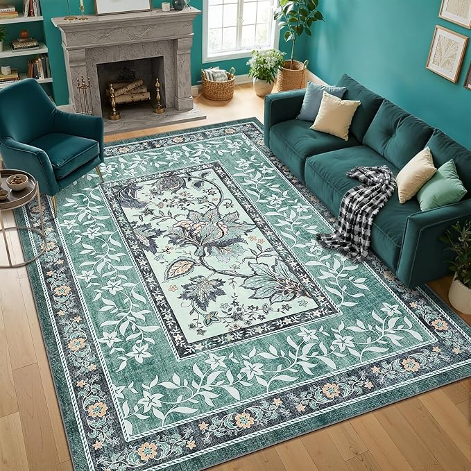 GarveeHome Teal Washable 5x7 Area Rugs, Botanical Grove Vintage Cottage core Non-Slip Rug for Bedroom Living Room Nursery Kitchen Low-Pile Retro Carpet