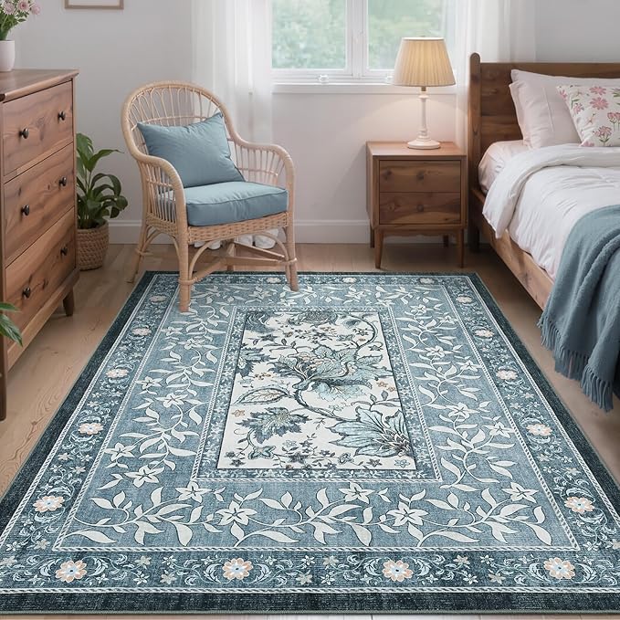 GarveeHome Provence Botanical Grove 4x6 Rug Vintage Cottagecore Retro Blue 4 x 6 Area Rug for Bedroom Living Room Nursery Kitchen Entryway Indoor Mat