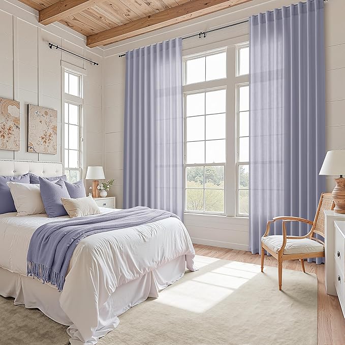 Nanspring Lavender Purple Linen Curtains 90 Inches Long for Living Room Boho Decor Light Filtering Semi Sheer Curtain Back Tab and Rod Pocket Modern Luxury Drapes for Bedroom Office 52x90, 2 Panels