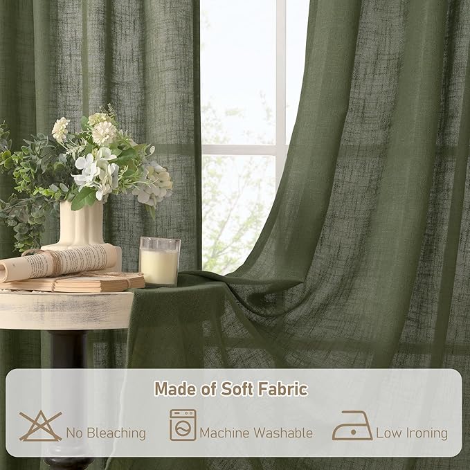 LAMIT Olive Green Linen Curtains 84 inch Length 2 Panels, Light Filtering Semi Sheer Panels Back Tab and Rod Pocket Christmas Drapes for Bedroom/Living Room, 34 x 84 Inch