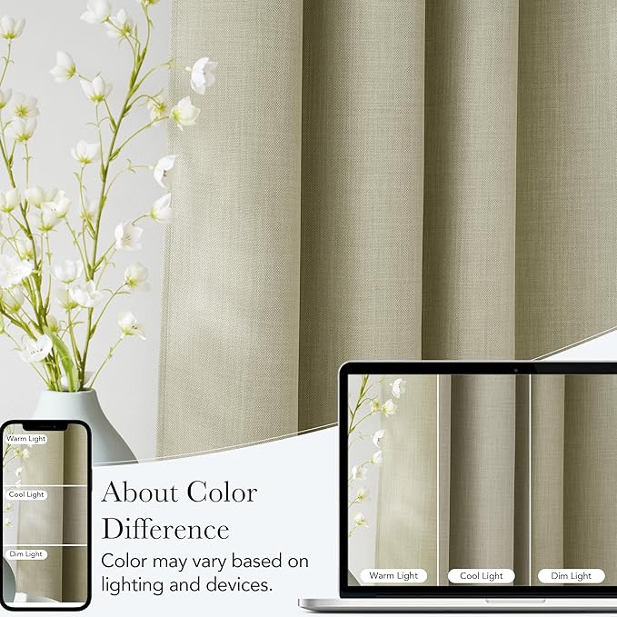 NICETOWN Beige Faux Linen Room Darkening Rod Pocket Curtains 63 inch Length, W42 x L63, Light Blocking Thermal Insulated Noise Reducing Drapes for Bedroom Living Room Farmhouse Decor, 2 Panels