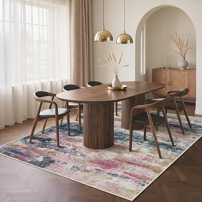 Area Rugs 8x10 for Living Room Bedroom, Modern Abstract Machine Washable Rug, Large Soft Low Pile Floor Carpet with Non Slip Backing for Dining Room, Navy/Pink