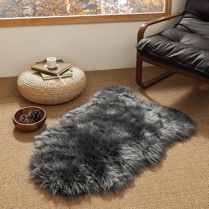 Ashler Faux Fur Rug, Fluffy Shaggy Area Rug Ultra Soft 2.3 x 3.3 Feet Sheepskin Fur Rug, Dark Grey Fuzzy Rug Machine Washable Shag Rug, Nursery Decor Throw Rugs for Bedroom, Kids Room, Living Room