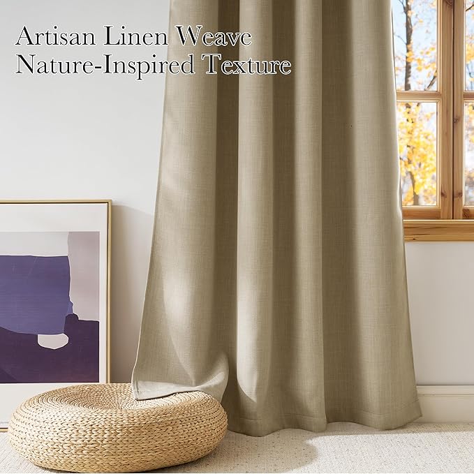 NICETOWN Short Faux Linen Oatmeal Blackout Curtains 63 inches Long for Kitchen - Privacy Panels for Living Room Bedroom, Modern Farmhouse Style Easy Care Grommet Top, 2 Panels, W42 by L63