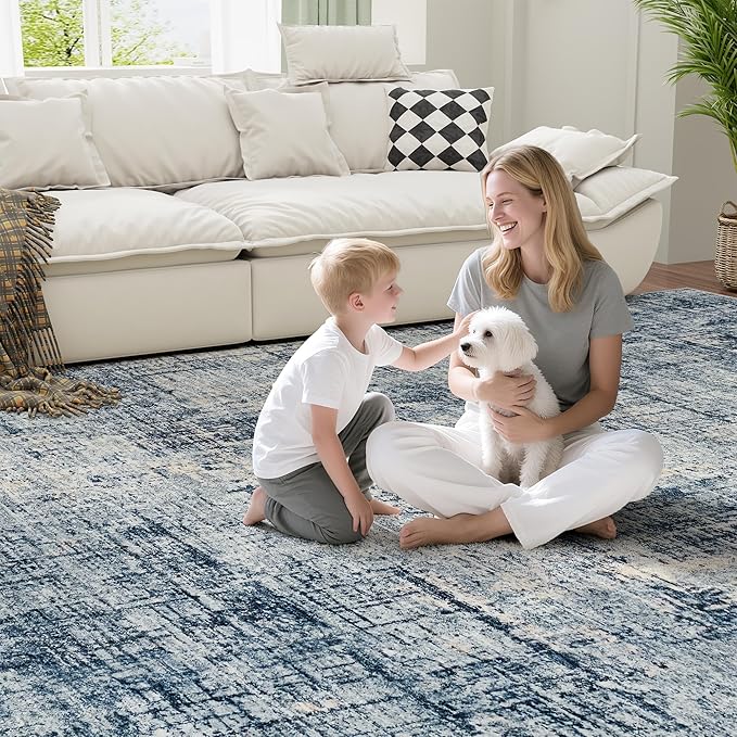 8x10 Area Rugs for Living Room Washable Rug: Anti-Skid Abstract Modern Living Room Rug Soft Thin Carpets Indoor Floor Non-Shedding Carpet for Bedroom Dining Farmhouse Nursery Home Office Blue Gold