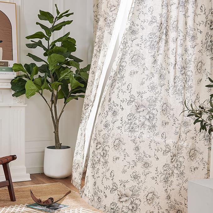 jinchan Linen Blend Curtain Floral Curtains for Living Room 54 Inch Length Black Printed Curtain Rod Pocket Back Tab Farmhouse Peony Flower Patterned Drapes Bedroom Window Curtains Set 2 Panels