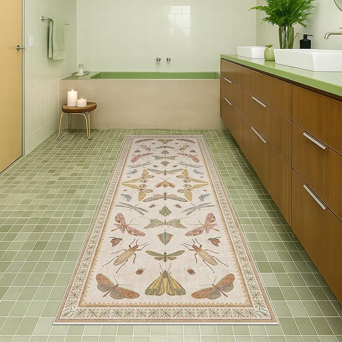 Hazo Haus Boho 2x5 Long Bathroom Rug - Laundry Room Rug Runner for Kitchen, Washable Non Slip Soft Stain Reistant Beige and Yellow Neutral Insect Design Decor