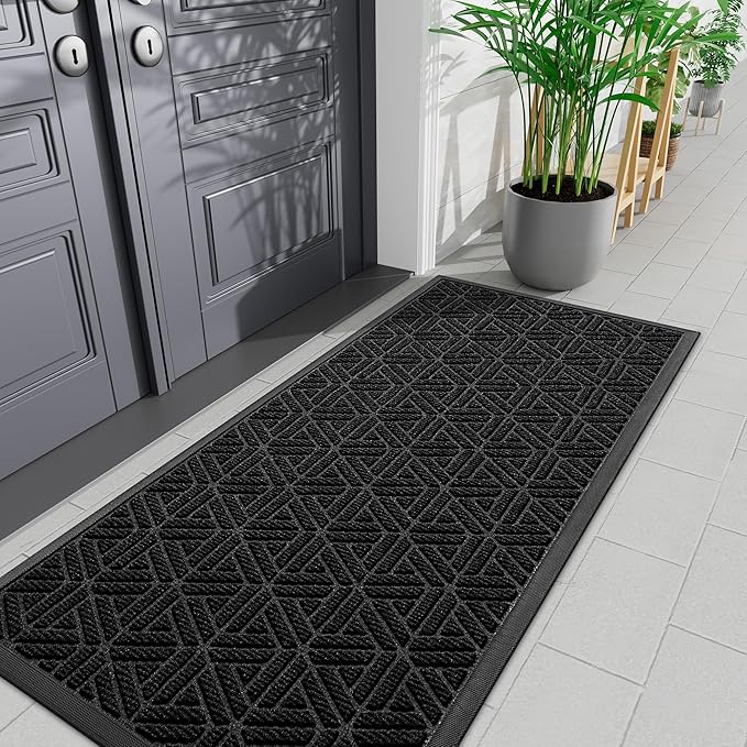 Smiry Front Door Mat Outside Entrance, Heavy Duty Sturdy Natural Rubber Doormat, Trap Dirt and Moisture, Easy Clean Low Profile Mats for Indoor Outdoor Entry, Grid Geometric (71x23, Black)