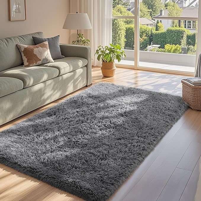 Ophanie 3x5 Rug, Dorm Bedside Preppy Area Rug, College Essentials Non Slip Grey Small Carpets for Bedroom, Anti Slip Fluffy Gray Living Room Rugs Home Decor Aesthetic, Nursery