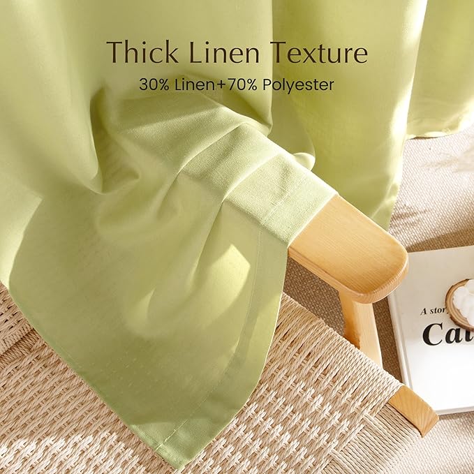 NICETOWN Fresh Green Linen Farmhouse Curtains 96 inches Long, Grommet Thick Flax Semi Sheer Window Treatments Privacy Assured with Light Filtering for Bedroom, W55 x L96, 2 Panels