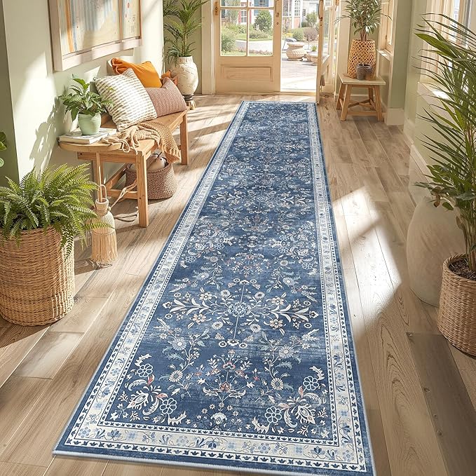 Yamaziot Washable Runner Rug 2x10 – Floral Non Slip Boho Hallway Runner Rug with Rubber Backing, Low Pile Faux Wool Distressed Carpet for Kitchen, Laundry, Bedroom, Entrance, Blue
