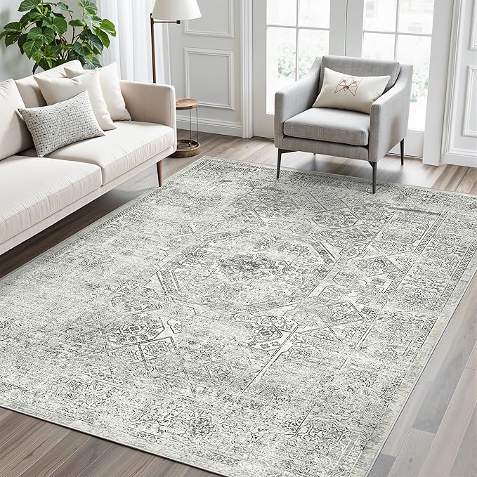 5x7 Area Rugs Grey Low Pile Indoor Washable Trendy Faded Style Floral Rugs for Bedroom Living Room Dining Room Foldable Non-Slip Thin Print Mat