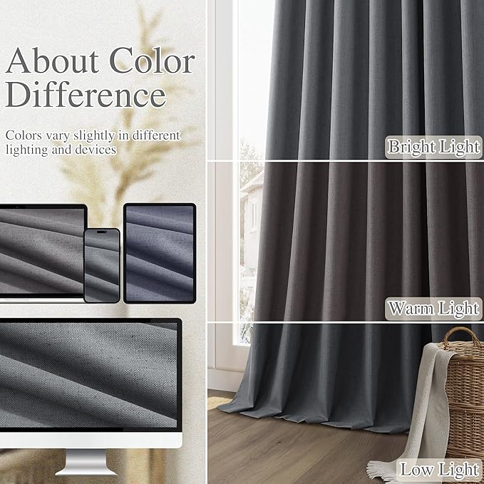 Guken 100% Blackout Curtains 96 Inch Length 2 Panels Set for Living Room Bedroom Back Tab Thermal Insulated Black Out Linen Drapes Room Darkening Blazer Grey,52x96