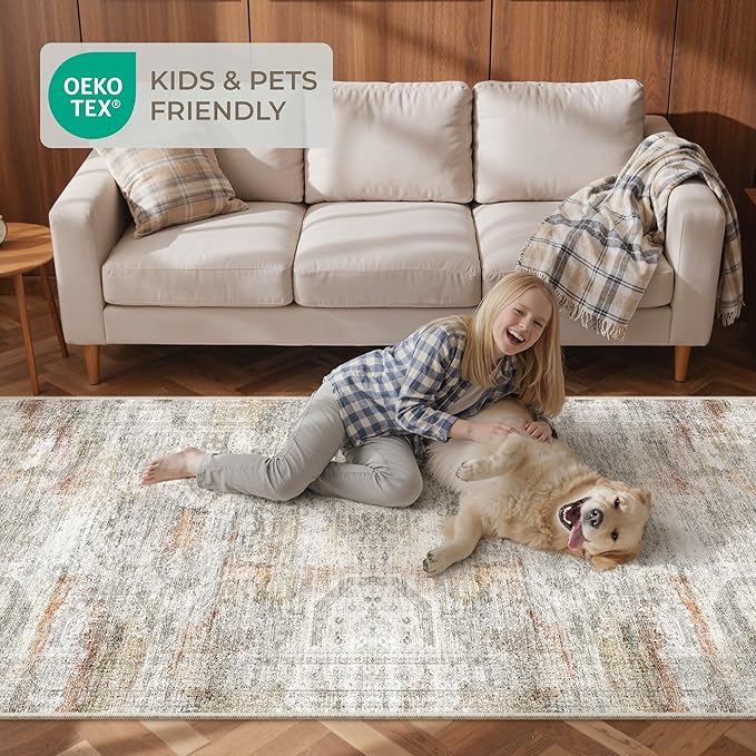 Kitchen Runner Rug Non Slip - 2.5 x 8 Runners for Hallways, Entryway, Bedroom, Washable Runner Rugs for Bathroom, Laundry Room, Low Pile Soft Vintage Area Rug(2.5'x8', Grey/Rust)