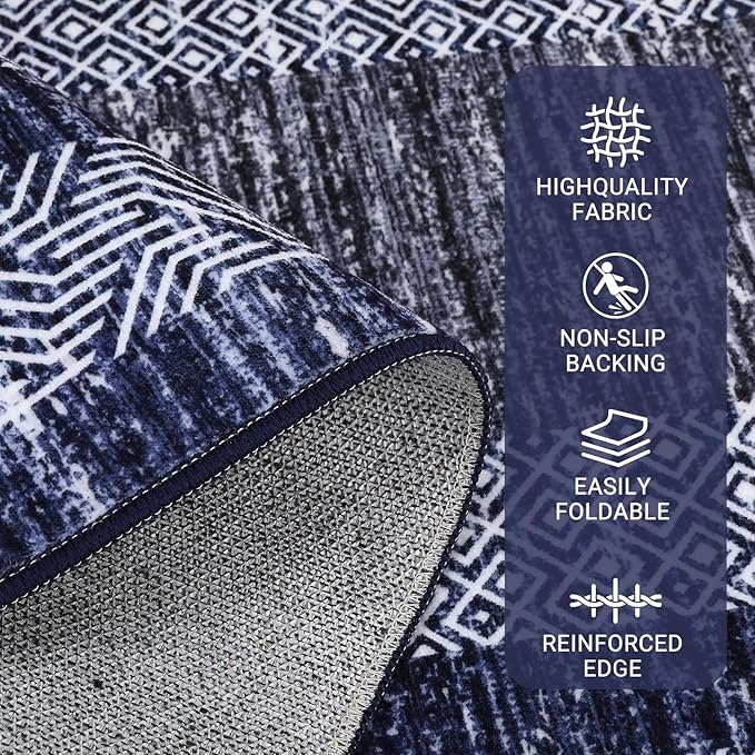 GarveeHome 8x10 Large Washable Area Rug Modern Bordered Rug Distressed Geometric Floor Carpet, Soft Non Slip Rug, Low Pile Non Shedding Rug, Indoor Blue Rug for Bedroom, Living Room