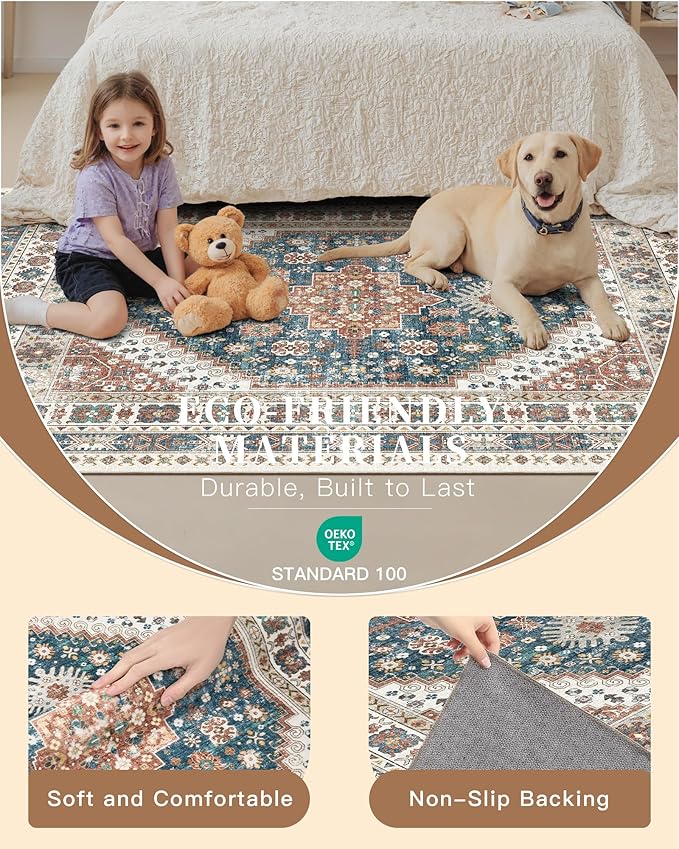 Madane Area Rug 3x5, Entryway Washable Vintage Runners Bedroom Non Slip Indoor Kitchen Runner for Living Room Laundry Room Playroom Soft Non-Slip Area Rugs, Navy Blue