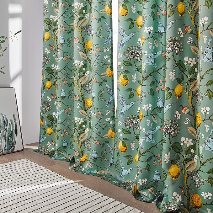 Topfinel 90 Inches Long Curtains,Whimsical Woodland Leaf Jungle Forest Flower Hummingbird Victorian Grommet Thick Sage Green Curtains Two Pages for Balcony Sliding Glass Office Bedroom Living Room