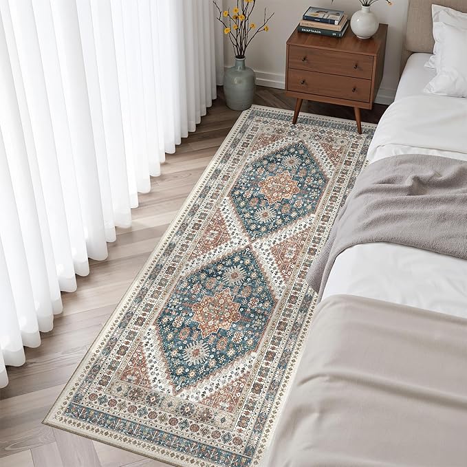 Madane Washable Runner Rug - 2x6 Rug Runners for Hallways 6 Feet Non Slip Vintage Kitchen Runner Rug Ultra-Thin Bathroom Runner Rugs Carpet Laundry Room Bedroom (2x6ft, Navy Blue)