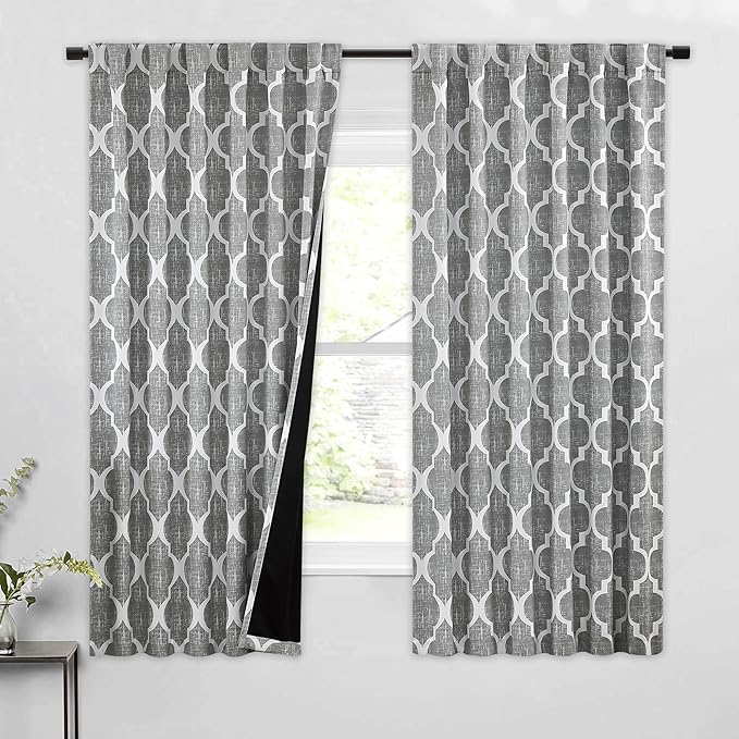 Beauoop 100% Blackout Curtains 63 Inches Long 2 Panels for Bedroom Living Room Grey Moroccan Geo Room Darkening Thermal Insulated Soundproof Rod Pocket Back Tab Window Treatments Drapes, 50x63