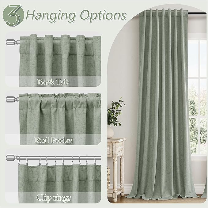 Guken 100% Blackout Curtains 100 Inch Length 2 Panels Set for Living Room Bedroom Back Tab Thermal Insulated Black Out Linen Drapes Room Darkening Window Curtains 100 Inches Long,Desert Sage