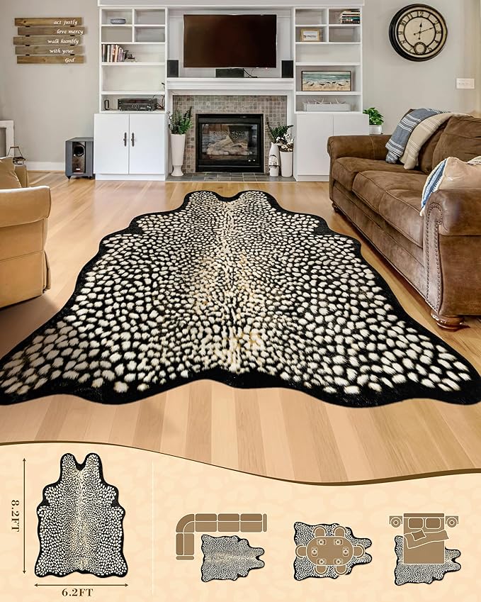 Leopard Print Rug for Living Room, Cheetah Rug 6.2x8.2 Faux Animal Print Skin Cheetah Area Rug for Bedroom Nursery Animal Fur Hide Irregular Shaped Rustic Antelope Black