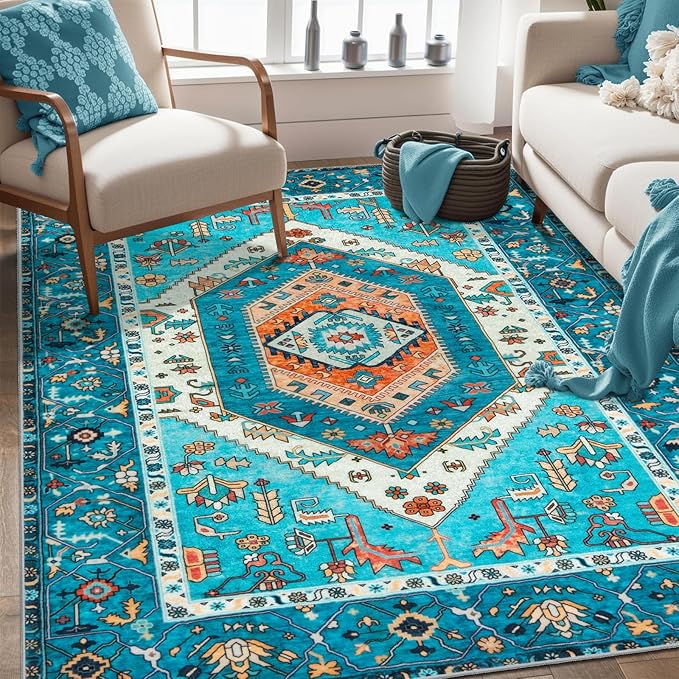 SERISSA Area Rug 3x5 Boho Blue Rugs for Bedroom, Washable Non-Slip Kitchen Rugs, Ultra Soft Print Distressed Tribal Entry Rug Low-Pile Throw Rug Carpet for Bedroom Nursery Living Room Dorm Decor