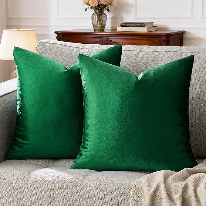 GIGIZAZA Decorative Throw Pillow Covers 20 x 20, Set of 2 Forest Green Soft Pillow Covers Velvet,Christmas Decor Square Cushion Covers