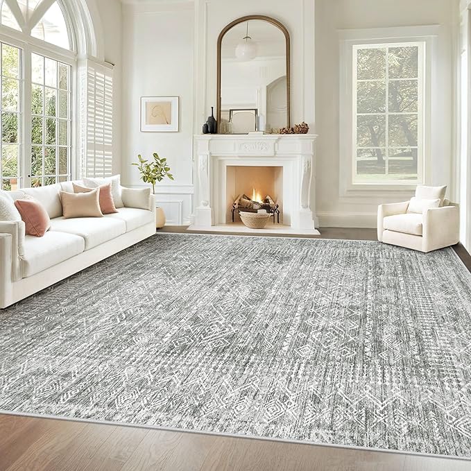 Living Room Rugs 8x10: Washable Moroccan Geometric Boho Rug Farmhouse Non Slip Stain Resistant Large Rug Low Pile Soft Carpet for Bedroom Dining Room Children Room (Grey,8'x10')