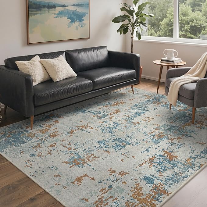 BEIMO Area Rugs 6x9 for Living Room Bedroom, Modern Abstract Machine Washable Rug, Large Soft Low Pile Floor Carpet with Non Slip Backing for Dining Room, Teal and Terracotta