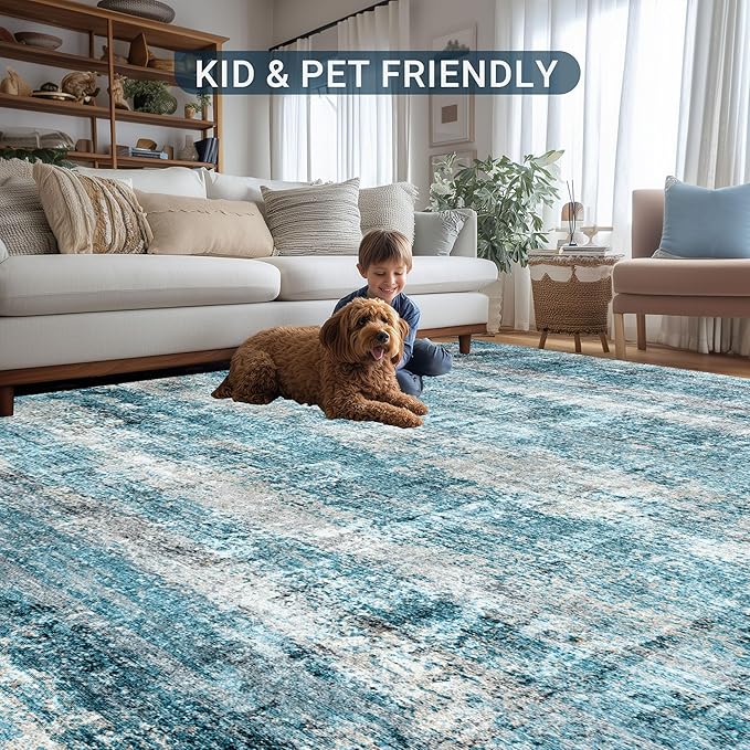 LEPEII 6x9 Area Rugs, Washable Modern Abstract Area Rugs for Living Room, Indoor Neutral Area Rug for Bedroom, Dining Room, Low Pile Non-Slip Non Shedding Rugs-Blue