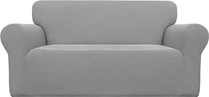 Easy-Going Stretch Loveseat Slipcover 1-Piece Sofa Cover Furniture Protector Couch Soft with Elastic Bottom for Kids Polyester Spandex Jacquard Fabric Small Checks (Loveseat, Light Gray)