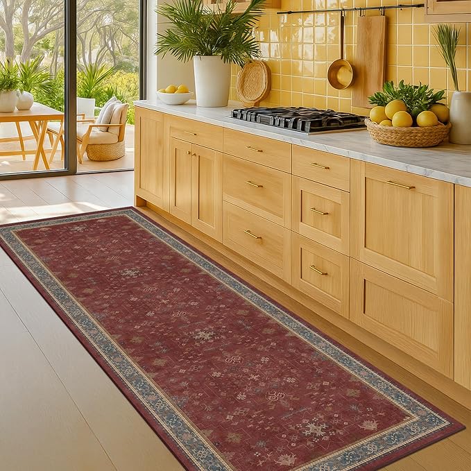 Boho 2x7 Long Runners for Kitchen Floor - Washable Non Slip Indoor Floor Mats for Entryway, Hallway, Dark Red Floral Low Pile & Soft Runner Area Rug for Bedroom Beside Bed