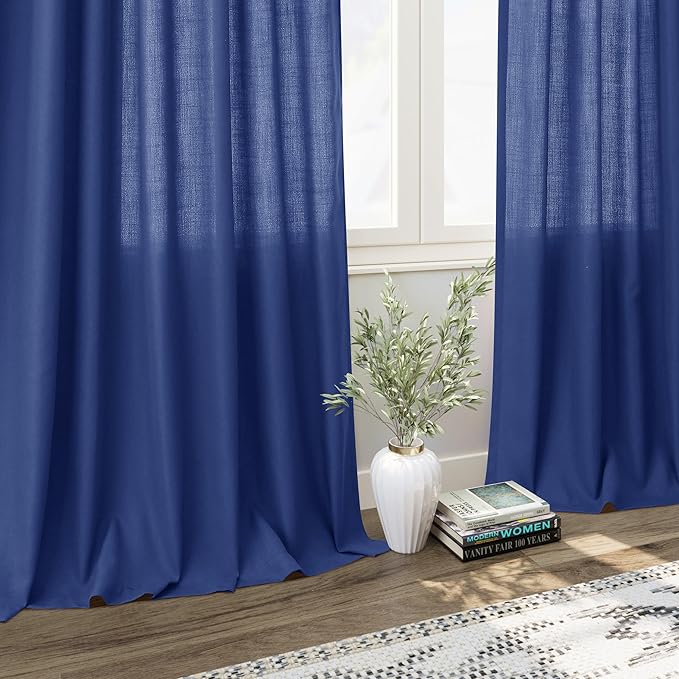 Nanspring Classic Blue Linen Curtains 72 Inch Length for Living Room Semi Sheer Light Filtering Door Drapes 2 Panels Set for Kids Bedroom Light Filtering Back Tab Modern Farmhouse Decor 52x72