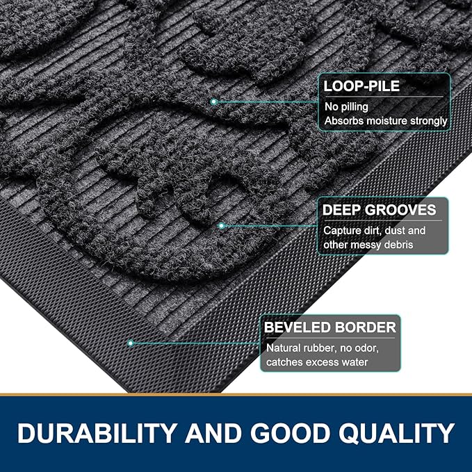 Smiry Welcome Door Mat Outside Entrance, Heavy Duty Trap Dirt and Moisture Easy Clean Low Profile Patio Porch Indoor Outdoor Front Doormat for Entry, 29.5x17 Inch, Grey