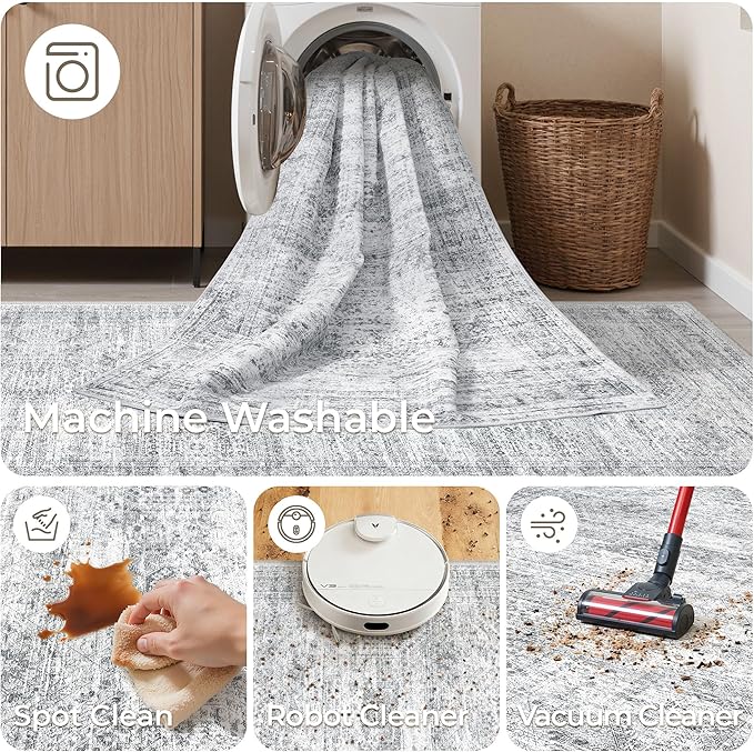 Long Bathroom Rugs Runner - Washable Runner Rugs for Hallway 2x10, Ultra-Thin Soft Kitchen Carpet Runner, Anti Slip Backing Runner Rugs for Entrance, Bedroom, Living Room(2'x10', Grey/Ivory)
