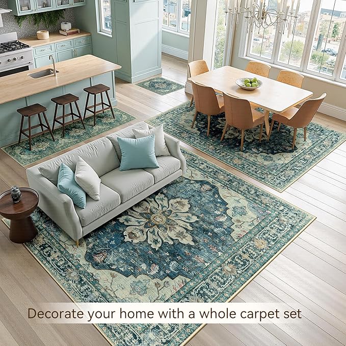RELEANY Area Rugs 3'x5' Washable Non-Slip, Floral Vintage Distress Print Pattern Medallion Carpet for Living Room Bedroom Dining Room, Dark Blue Vintage