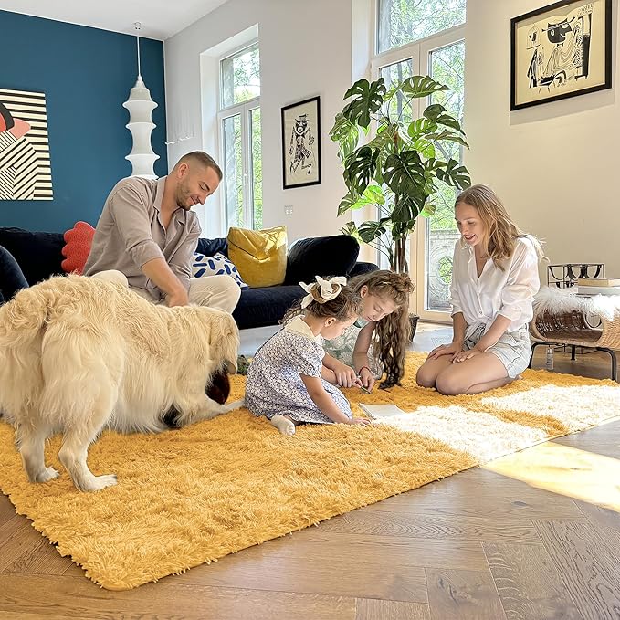 OLANLY 2x5 Machine Washable Runner Rugs for Hallway, Soft Fluffy Shaggy Bedside Rugs for Bedroom, Living Room, Indoor Floor Carpet for Kids Girls and Boys, Home Decor Aesthetic, Mustard Yellow