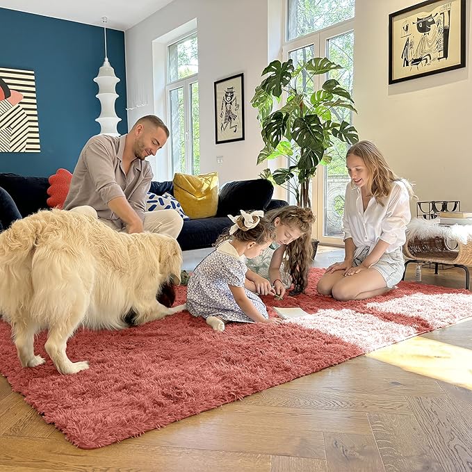 OLANLY 6x9 Machine Washable Large Area Rugs for Living Room, Bedroom, Soft Fluffy Shaggy Bedside Rug, Indoor Floor Carpet for Kids Girls and Boys, Dorms, Nursery, Home Decor Aesthetic, Rust Red